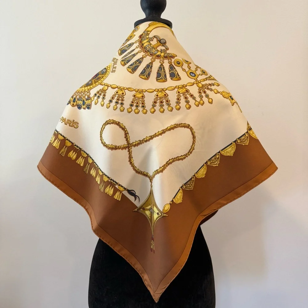 Hermès Paris Brown and Gold Silk Scarf